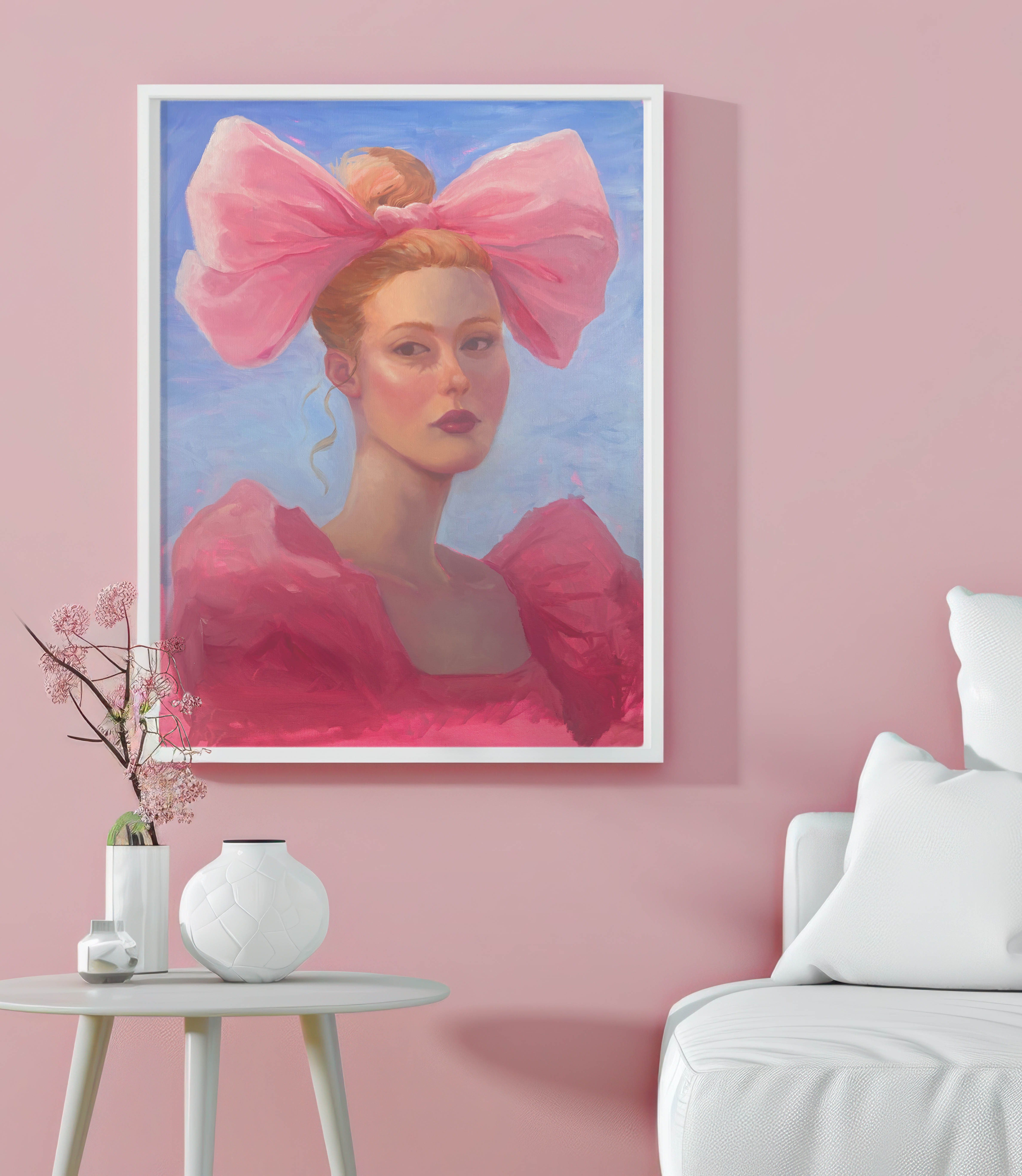 Painting of a young woman with Pink bow